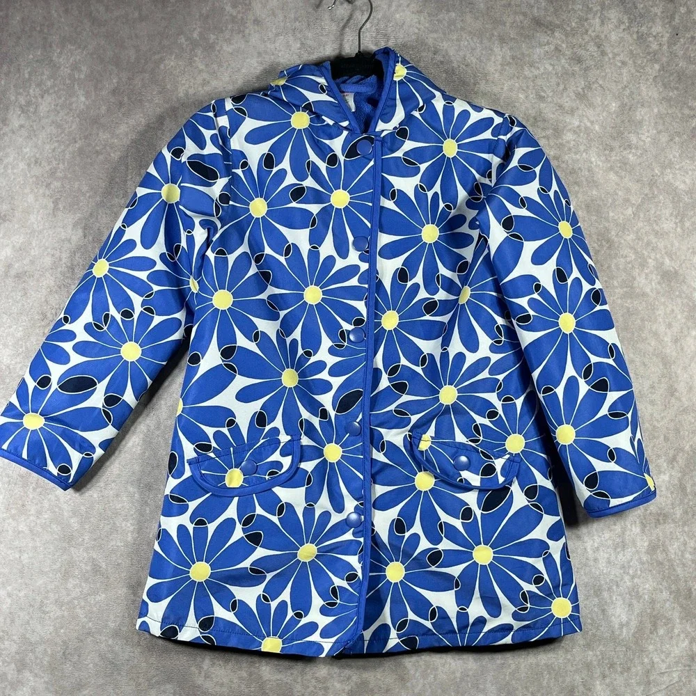 Gymboree Shower Flower Raincoat Jacket Girls Medium 7-8 Blue Floral Hooded